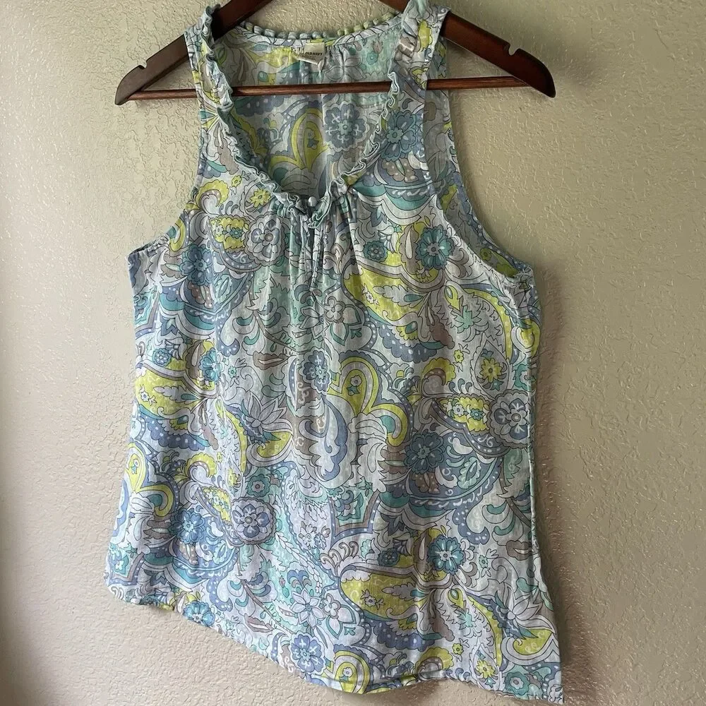 Vtg Y2K Old Navy Sleeveless Floral Paisley Top Blue Linen Cotton Medium Fairy